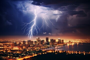Stormy skies over cityscape, intense lightning strikes. Generative AI