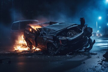 Severe car accident resulting in a completely wrecked vehicle generative ai - obrazy, fototapety, plakaty