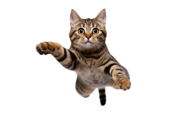 a beautiful tabby cat jumping full body on a white background studio shot
