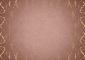 Pale pink textured paper with vignette of golden hand-drawn pattern on a darker background color. Copy space. Digital artwork, A4. (pattern: p10-3b)