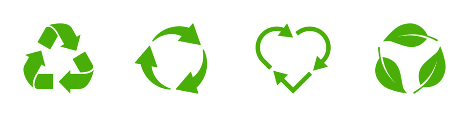 Recycle icon set. Arrows, heart and leaf recycle eco green signs. Recycled resources symbols. Vector illustration.