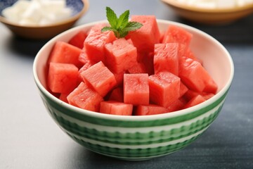 chunks of watermelon in a porcelain bowl