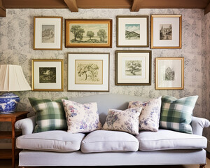 Living room gallery wall, home decor and wall art, framed art in the English country cottage interior, room for diy printable artwork mockup and print shop