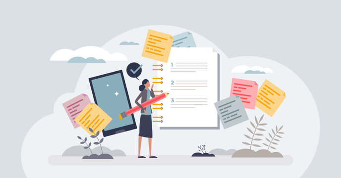 Quick tasks and jotting method for time management tiny person concept. Effective strategy to remember home tasks and correct planning vector illustration. Productivity with sticky note messages.