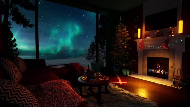 Celebrating Christmas in the house by the fireplace in winter, in a cosy, warm environment, overlooking the beautiful polar and northern lights.