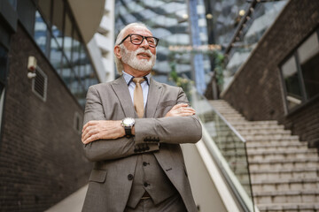 Portrait of senior man with beard businessman in suit stand outdoor