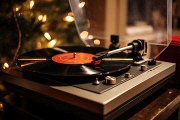 a record player spinning a vinyl of christmas carols