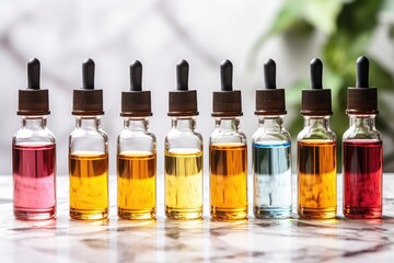 a set of serums in glass bottles with droppers
