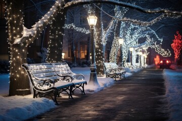 icy benches twinkling under cascading christmas lights - obrazy, fototapety, plakaty