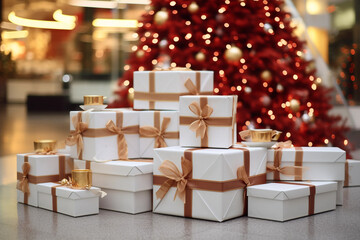Pile, stack of Christmas gift boxes on floor of shopping center room, mall - obrazy, fototapety, plakaty