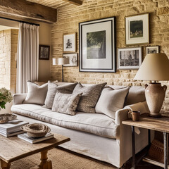 Cottage living room decor, sitting room and interior design, antique furniture, sofa and home decor in English country house and elegant farmhouse style