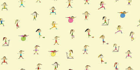 Fototapeta na wymiar Girls doing sport exercises. Seamless pattern. Fitness background