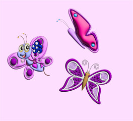 3D Illustration of three different pink and purple butterflies.