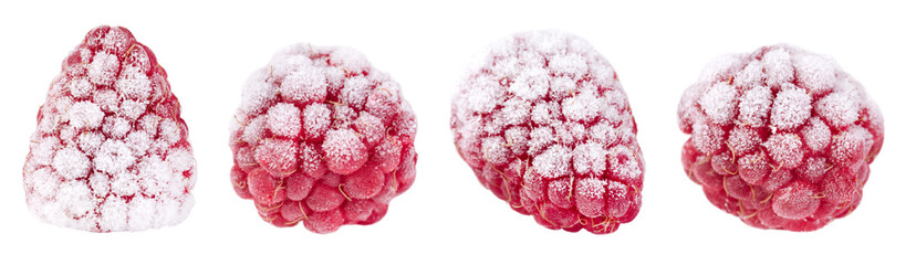 Set of frozen raspberries isolated on transparent background.