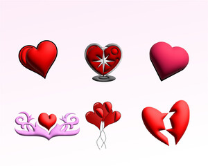 3D Illustration of six different red and pink hearts. These hearts are well for Valentine's day.