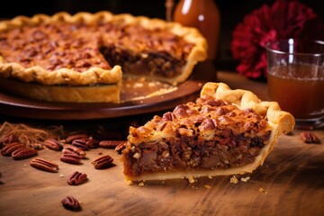 pecan pie with a slice cut out, on a wooden counter - obrazy, fototapety, plakaty