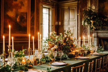 Wedding, event celebration and autumn holiday tablescape, classic autumnal decor and formal dinner table setting in the country mansion, table scape with candles and floral decoration