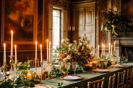 Wedding, event celebration and autumn holiday tablescape, classic autumnal decor and formal dinner table setting in the country mansion, table scape with candles and floral decoration
