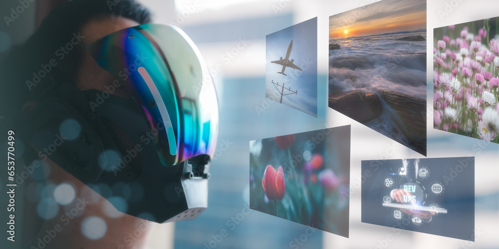 Aufkleber man using virtual reality headset(vr) for online entertainment and working with business data on int