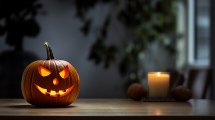 Close-up view of glowing scary Halloween carved pumpkin with candle inside. Creepy smiling Jack-O-Lantern face. Banner template with dark background and space for text. Concept for social media design