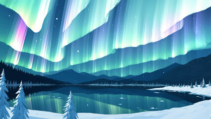 Snowy Lake in The Winter with Snow, Mountains, and Northern Lights Aurora in The Night Hand Drawn Painting Illustration