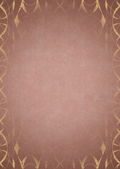 Pale pink textured paper with vignette of golden hand-drawn pattern on a darker background color. Copy space. Digital artwork, A4. (pattern: p10-3e)