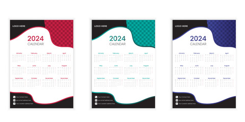 Simple editable vector calendars for year 2024 Week starts from Sunday. Isolated vector illustration on white background.