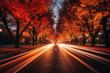 mesmerizing time-lapse of traffic winding through tree-lined avenues, as the leaves change from green to fiery red - Generative AI