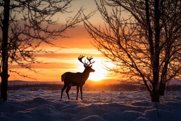 silhouette of reindeer against snowy field