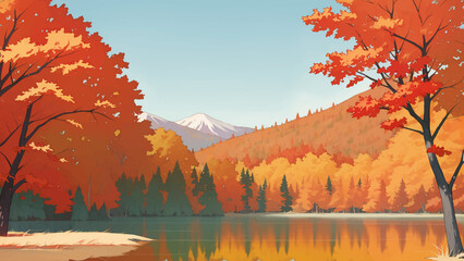 Lake Surrounded by Mountains and Autumn Trees Hand Drawn Painting Illustration
