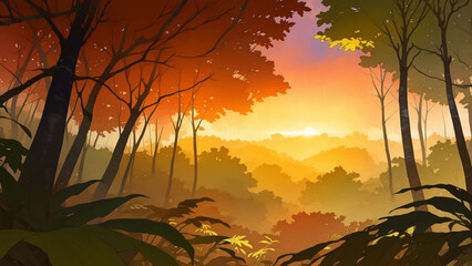 Dense Jungle Rainforest Nature Scenery at Dawn or Dusk Detailed Hand Drawn Painting Illustration