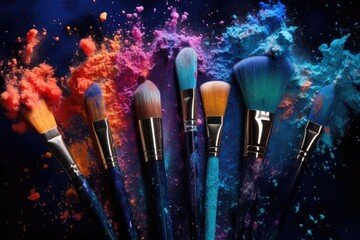 makeup brushes dusted with vibrant pigments on a dark background