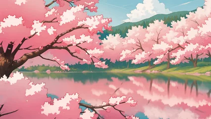 Fotobehang Lake Surrounded by Sakura Trees Cherry Blossoms Hand Drawn Painting Illustration © Reytr