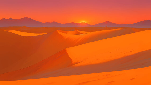 Desert with Dunes and Canyons at Dawn or Dusk Detailed Hand Drawn Painting Illustration
