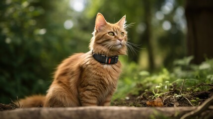 Pet Trackers and GPS cat Collars. Cat with tracking collar in the forest. Pet location and activity tracking, wearable trackers and collars can help make sure dog or cat safe and healthy.