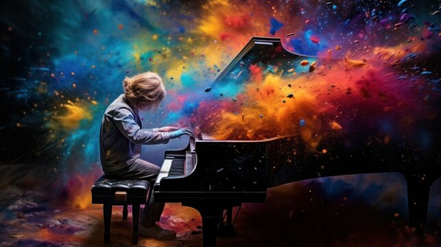 Pianist playing the piano in cloud of colorful dust. World music day banner with musician and musical instrument on abstract colorful dust background. Expression, symphony, Music event colorful design - Powered by Adobe