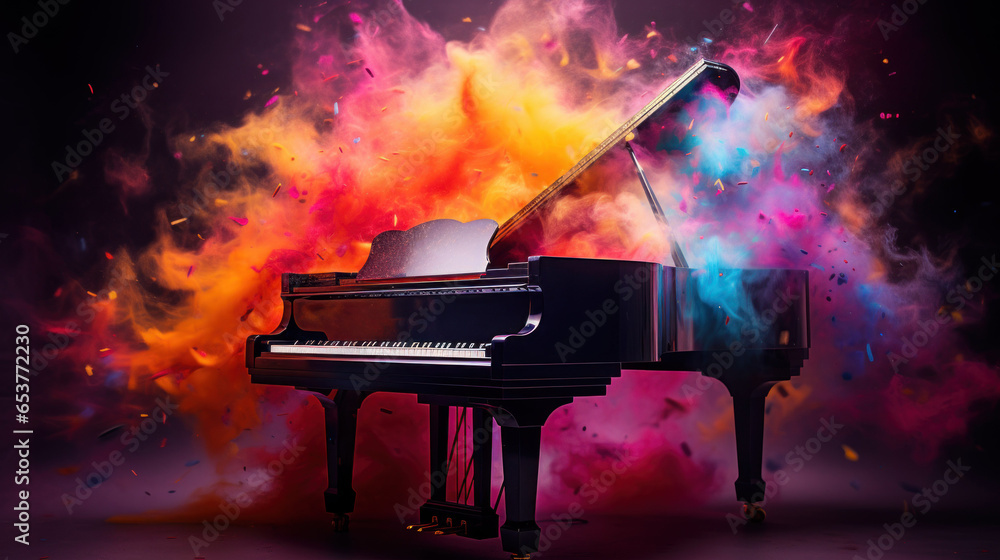 Wall mural world music day banner with grand piano on abstract colorful dust background. music day event and mu