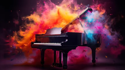 Tuinposter World music day banner with grand piano on abstract colorful dust background. Music day event and musical instruments colorful design © irissca
