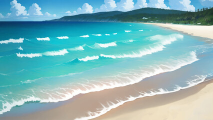 Beautiful Tropical Beach Scenery Hand Drawn Painting Illustration