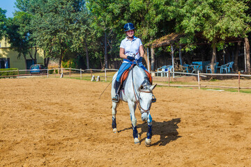 female rider trains the horse in the parcour