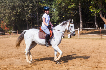 female rider trains the horse in the parcour
