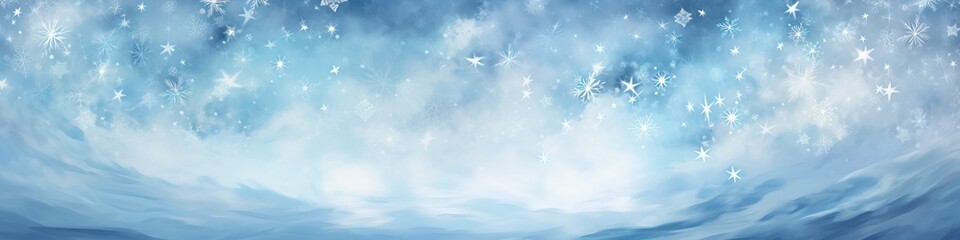 Fototapeta na wymiar Winter card with blue sky and falling snow, crystallic snowflake. Magical heavy snow flakes backdrop. Sky snowfall banner. Holiday winter background for Christmas and New Year