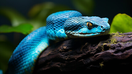 Fototapeta premium Blue viper snake on branch, viper snake, blue insularis, Trimeresurus Insularis, Made with generative ai