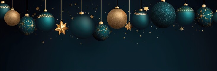 Fototapeta na wymiar Blue and gold Christmas balls on turquoise background with stars and sparkles. New year decoration, festive atmosphere concept. Banner with copy space