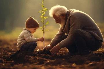 Wandcirkels tuinposter old man plant tree with child boy © dobok