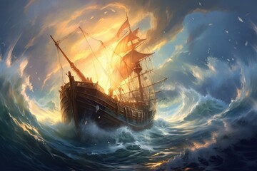 An ancient vessel navigating turbulent waters amidst roaring waves and bolts of lightning in the far horizon. Generative AI