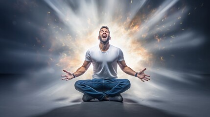 Man praying and the heavens exploding forth. Generated AI