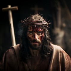 Jesus Crucified with a crown of thorns.  - obrazy, fototapety, plakaty