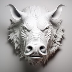warthog, bust, razorback, sculpture, white, light, studio lighting, wall hanging, animal, 3D printed, tribal decoration.
