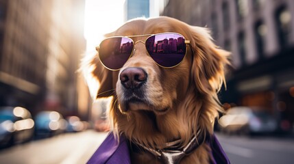 A golden retriever dog wearing sunglasses and dressed in a suit on a city street, proud and majestic, The Boss, tall buildings in the background, heavy bokeh, a dog dressed like a human, generated ai